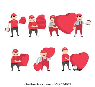 delivery man with heart boxes set.happy valentines day.isolated on white background