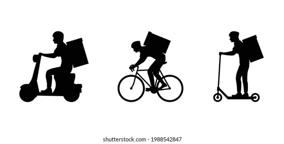 Delivery man in helmet and with box on moped, bicycle and scooter.  Black silhouette of a courier man on a moped, bicycle and scooter on a white background.  Express delivery to home and office.  Icon