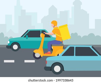Delivery man in a helmet on a moped rides between cars on a city road. Courier on a scooter, fast modern delivery around the city. Express order, logistics courier delivery service. Flat vector 