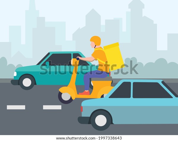 Delivery man in a helmet on a moped rides between cars\
on a city road. Courier on a scooter, fast modern delivery around\
the city. Express order, logistics courier delivery service. Flat\
vector 
