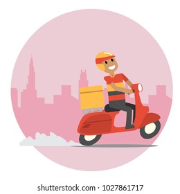 Delivery Man with His Scooter in Rush Hour. Simple Flat Vector Design.
