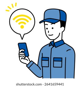 Delivery man with his smartphone connected to Wi-Fi