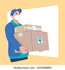 delivery man hold box package with hat and mask