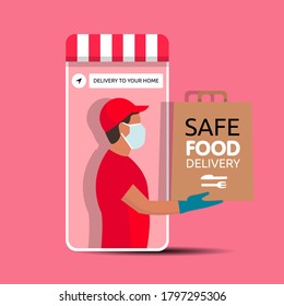 Delivery man holding a bag with fast food out of the phone. Fast food delivery app on a smartphone with delivery man, wearing a face mask and gloves. Safe food delivery during coronavirus epidemic