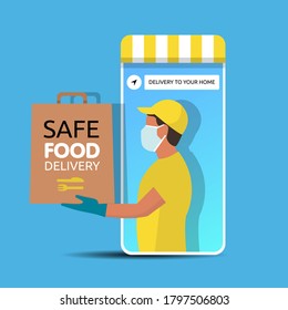 Delivery man holding a bag with fast food out of the phone. Fast food delivery app on a smartphone with delivery man, wearing a face mask and gloves. Safe food delivery during coronavirus epidemic