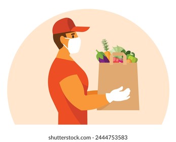 Repartidor sosteniendo una bolsa con verduras. Gráficos Vector