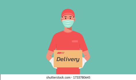 Delivery man holding a box in his hands. Delivery of goods during the prevention of Covid-19. Courier wear face mask and glove. Quarantine, stay home and new normal concept, flat vector illustration