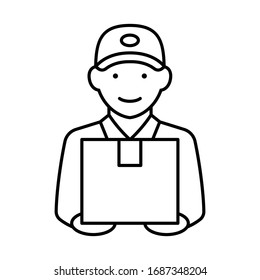 Delivery man holding box icon, Business delivery express service symbol, Outline flat design for apps and websites, Vector illustration