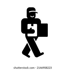 Delivery Man Holding Box Icon, Shipping Courier Silhouette Symbol, Pictogram Flat Design For Apps And Websites, Vector Illustration