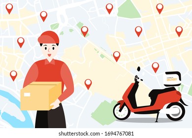  Delivery man  holding the box on city navigation map background.