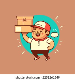 delivery man holding box package wearing uniform and cap flat color vector cartoon illustration