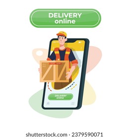 A delivery man holding a box is prominently displayed on a smartphone screen, highlighting the convenience of online deliveries. Online shopping concept.
