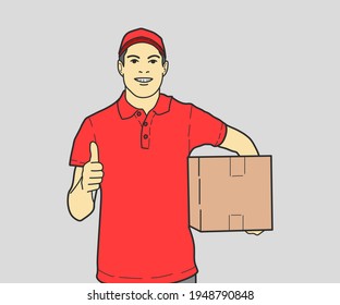 Un Hombre De Entrega Con Una Caja Que Muestra El Pulgar Hacia Arriba. ilustraciones de diseño vectorial de estilo dibujado a mano.