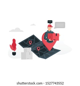 Delivery man are holding the box and up the stairs to put boxes delivered to the customer. Delivery service illustrations in flat design