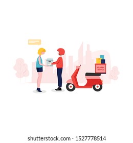 Delivery man are holding the box and up the stairs to put boxes delivered to the customer. Delivery service illustrations in flat design