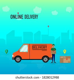 Lieferant Mann mit einer Box mit Lieferwagen Vektor. Konzept der Lieferung online. Stadtlogistikkonzept. Flaches Design. Leerzeichen für Text kopieren. 