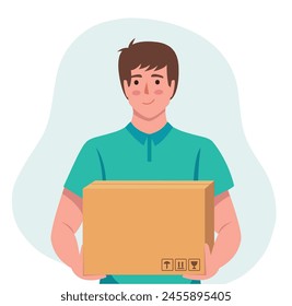 repartidor que sostiene la Ilustración vectorial de la caja de entrega