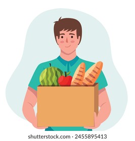 repartidor que sostiene la Ilustración vectorial de la caja de entrega