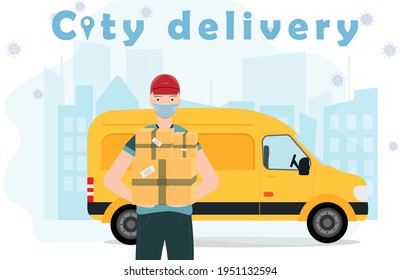 A delivery man holding boxes in his arms, safe delivery service concept, flat vector illustration