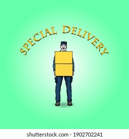 A delivery man holding boxes with the message: Special Delivery. Hand drawn vector illustration.