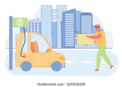 Delivery Man Holding Boxes with Pizza and Going towards Electro Car Flat Cartoon Vector Illustration. Electric Car in Refill. Eco Friendly Transport. New Technology. Charging Vehicle at E-station.