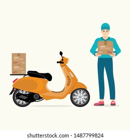Delivery man holding boxes with scooter motorcycle cartoon vector illustration.