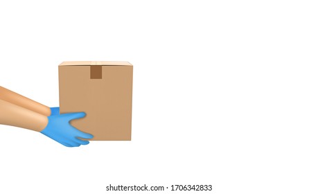 Delivery Man Holding Cardboard Box In Rubber Gloves. Fast And Free Delivery Concept. EPS10 Vector