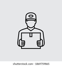 Delivery Man Holding Cardboard Box Vector Line Icon