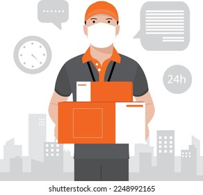 Delivery man holding a cardboard box. Wearing a mask. Fast and free shipping.Online shopping and express delivery.