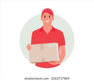 The delivery man is holding a cardboard box ready for delivery. Online shopping and express delivery concept. Vector illustrations in flat modern style.