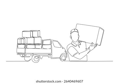 Delivery man holding cardboard box in continuous one line drawing. Single line art illustration of courier man with the truck. Editable vector.