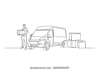 Delivery man holding cardboard box in continuous one line drawing. Single line art illustration of courier man with the truck. Editable vector.