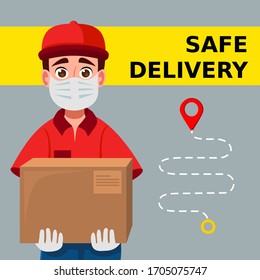 Delivery man holding cardboard boxes in medical rubber gloves and mask. Fast and safe Delivery transport. Portrait from the waist up. Online shopping and Express delivery. Quarantine