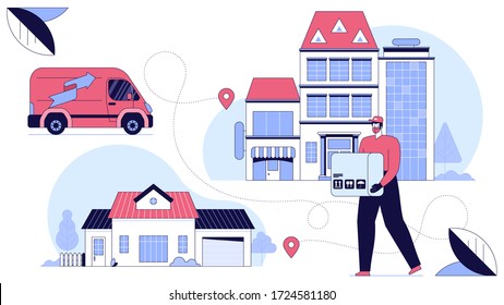 Delivery man holding cardboard boxes in medical rubber gloves and mask Fast and free delivery transport Online shopping and express delivery Courier is loading the van with parcels Vector illustration