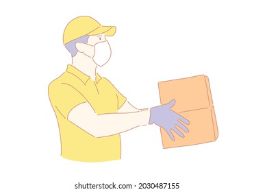 Delivery man holding cardboard boxes in medical rubber gloves and mask.  vector hand draw