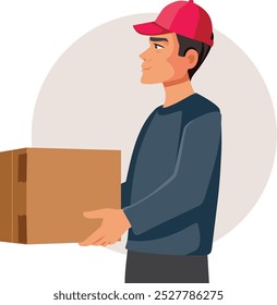 
Delivery Man Holding a Cardboard Package Vector Illustration. Worker in delivery business holding a parcel for shipment 
