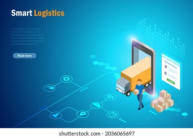 Delivery Man Holding Carton Box With Transporation Truck From Smart Phone Screen. Smart Logistics And Supply Chain Distribution, Transportation Technology And Online Shipment Tracking Concept.