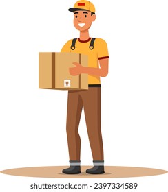 Hombre de entrega que contiene el paquete de pedido del cliente en una ilustración de caja de estilo plano