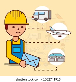 delivery man holding envelope mail van plane and warehouse