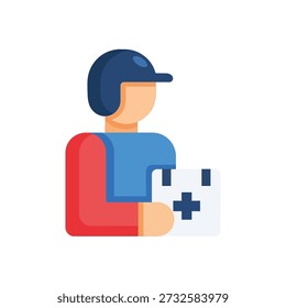 Delivery man holding first aid kit, medical delivery, colorful flat design, healthcare