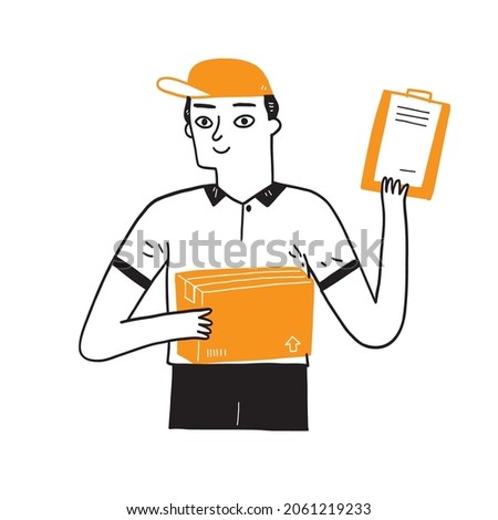 Delivery man holding a large box with documents to sign. Hand drawing vector illustration