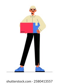 Delivery Man Holding a Package in Flat Vector Illustration Symbolizing Courier Service, Logistics, and E Commerce Shipping, Isolated on White Background
