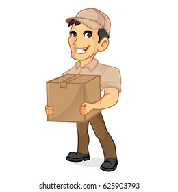 Delivery man holding package isolated in white background