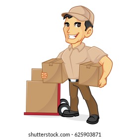 Delivery man holding package isolated in white background