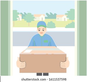 delivery man holding package on front door.vector.illustration.