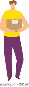 Delivery man holding a package ready to dispatch. Caucasian courier with a brown box depicts a logistics service. Efficient delivery and online shopping vector illustration.