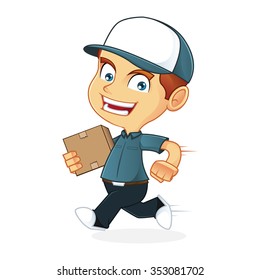Delivery man holding a package and running