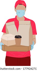 Delivery man holding paper bag with food on white background, food delivery man in protective mask and protective gloves 