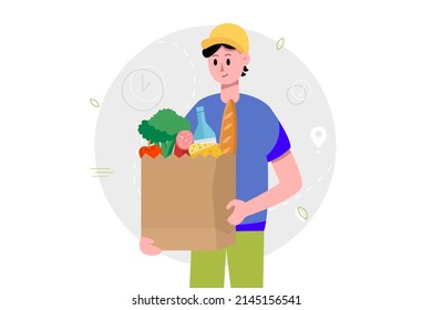 Delivery man holding a paper bag with food. The concept of fast home delivery. Vector illustration.