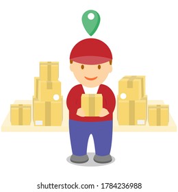 Delivery man holding parcel with a lot of box background vector